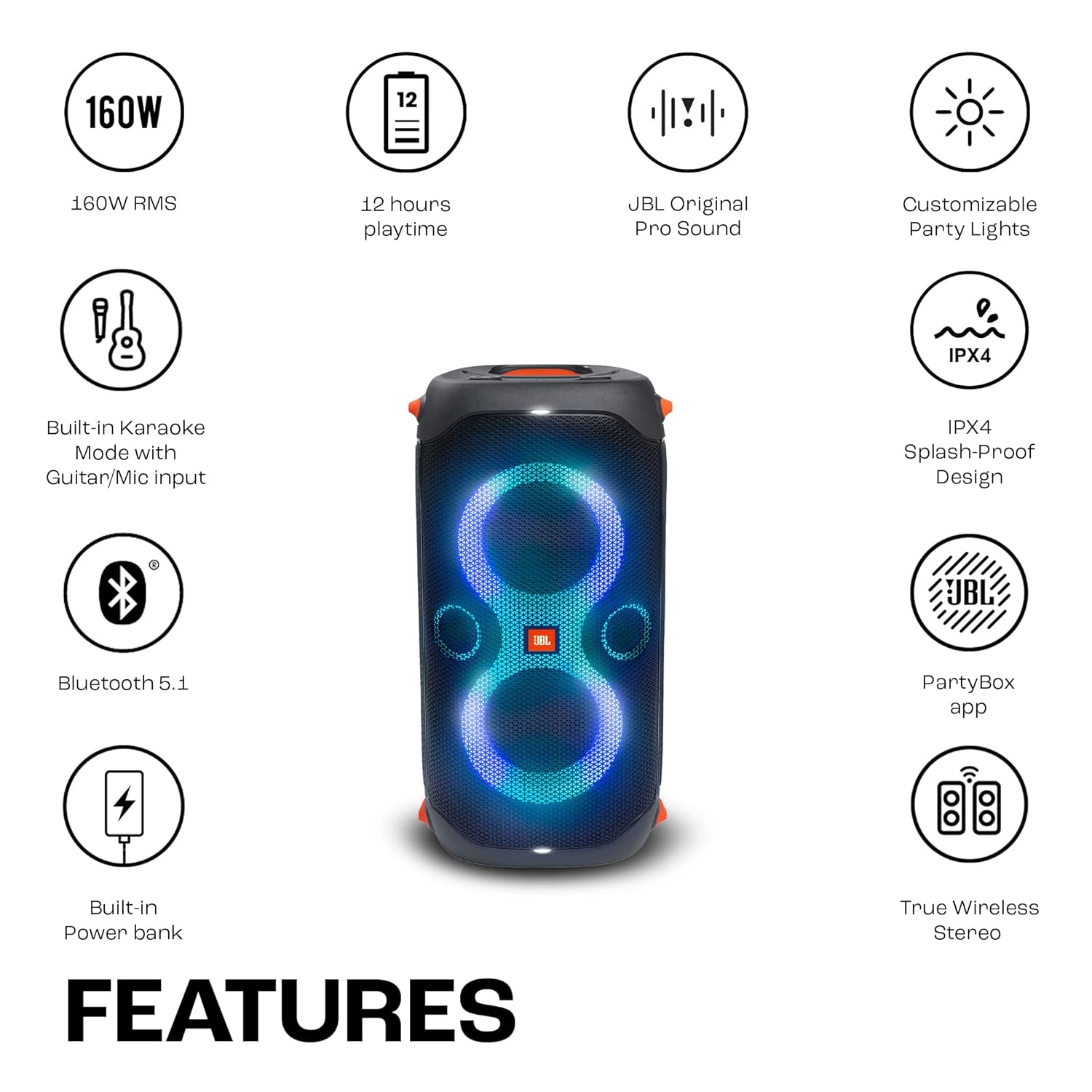 JBL Partybox 110, Wireless Bluetooth Party Speaker, 160W Monstrous Pro Sound, Dynamic Light Show, Upto 12Hrs Playtime, Built-in Powerbank, Guitar & Mic Input, PartyBox App, Splashproof (Black) - View 9