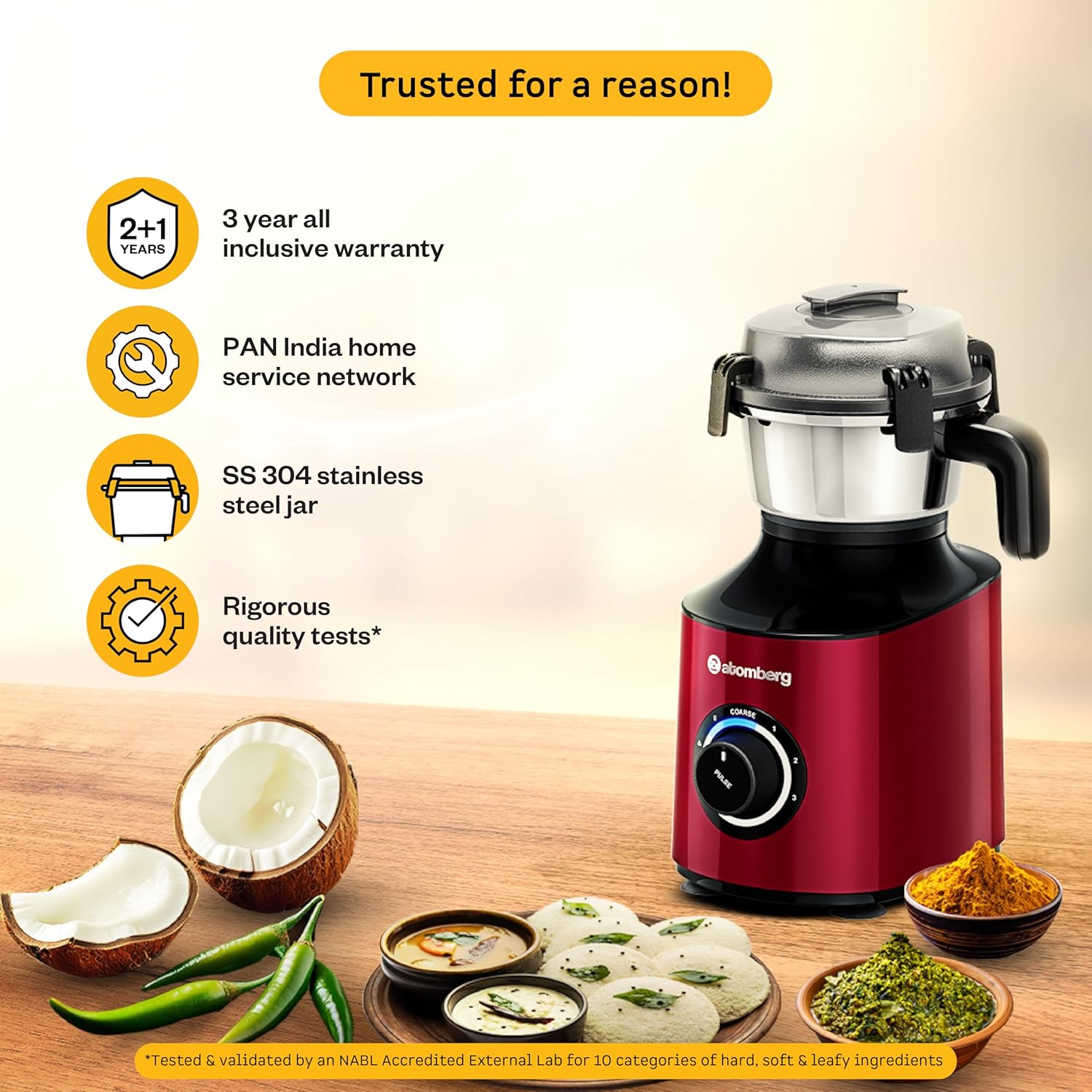 Atomberg Zenova Mixer Grinder | Unique Coarse Mode for Silbatta-like Texture | Intelligent BLDC Motor | Safety Features | 4 Jars including Chopper | Hands-Free Operation (Red Wine) - View 2