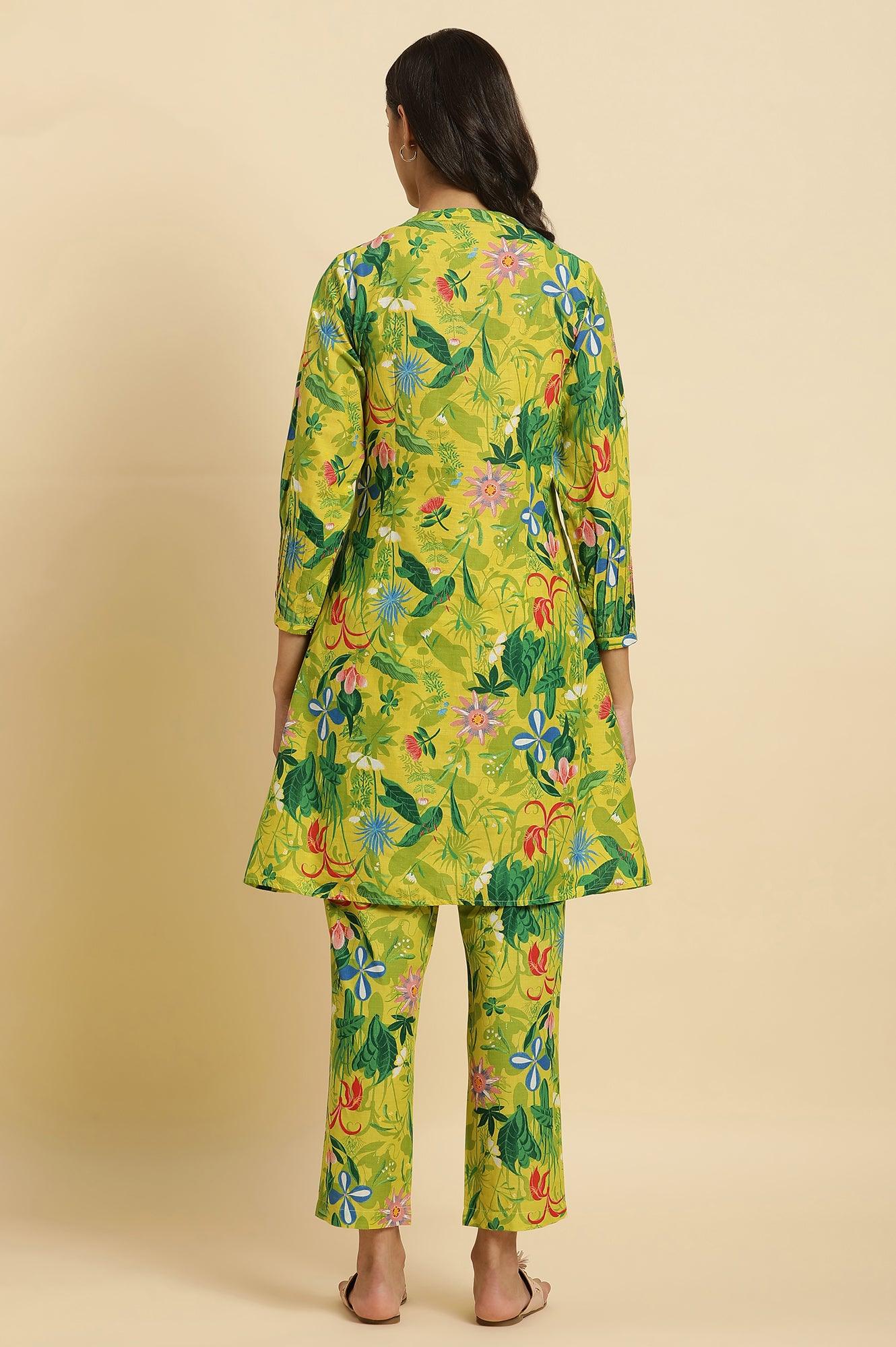 Green Floral Printed A-Line Kurta & Pants Co-Ord Set - View 6
