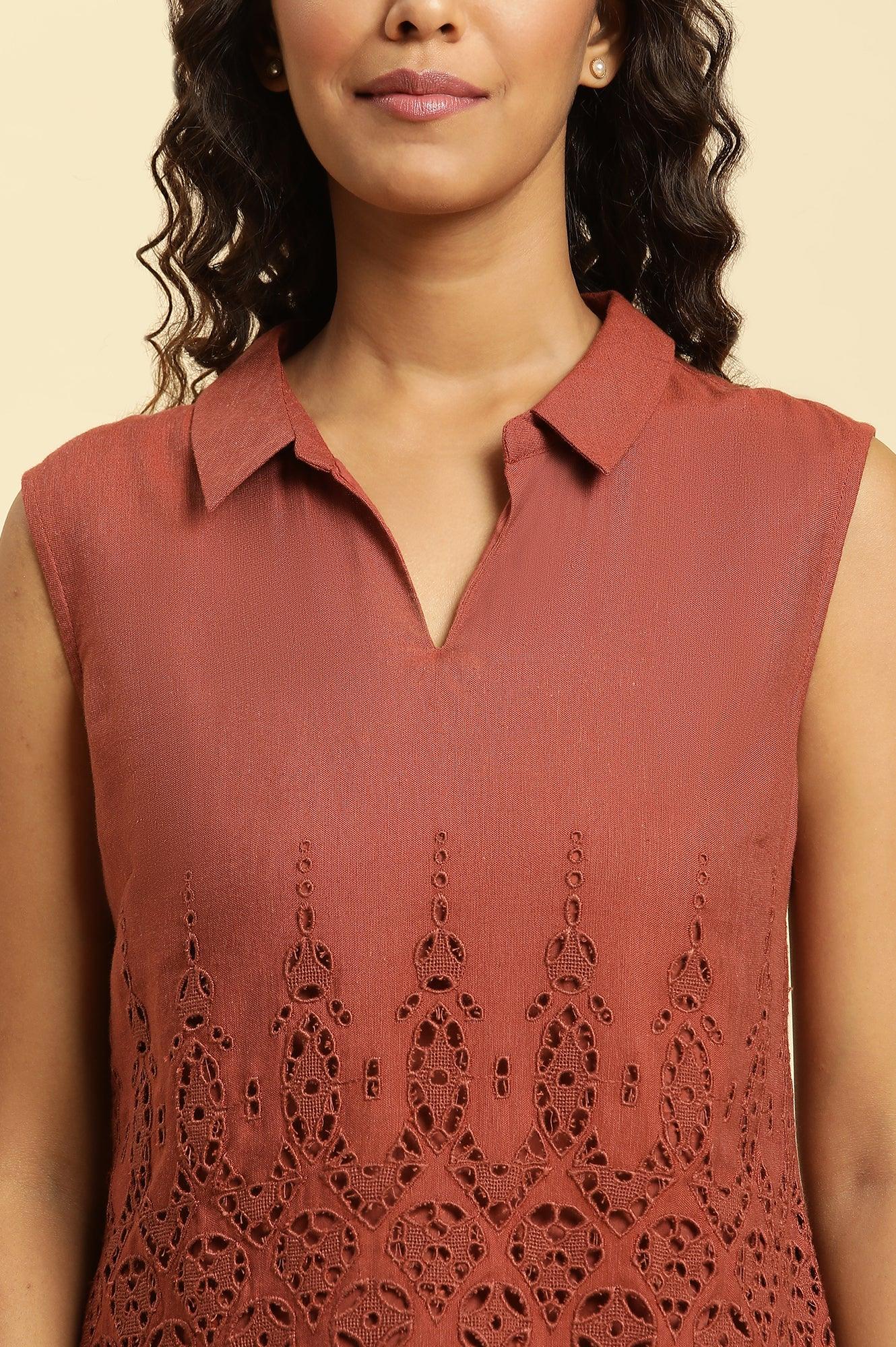 Dark Red Cotton Schiffli Top And Pants Co-Ord Set - View 4