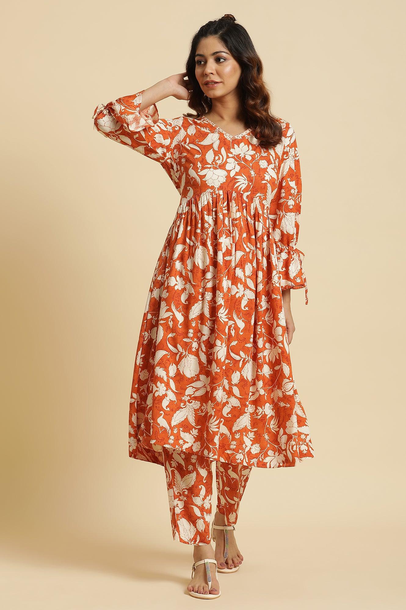 Dark Orange Floral Printed Kurta & Pants Co-Ord Set - View 9