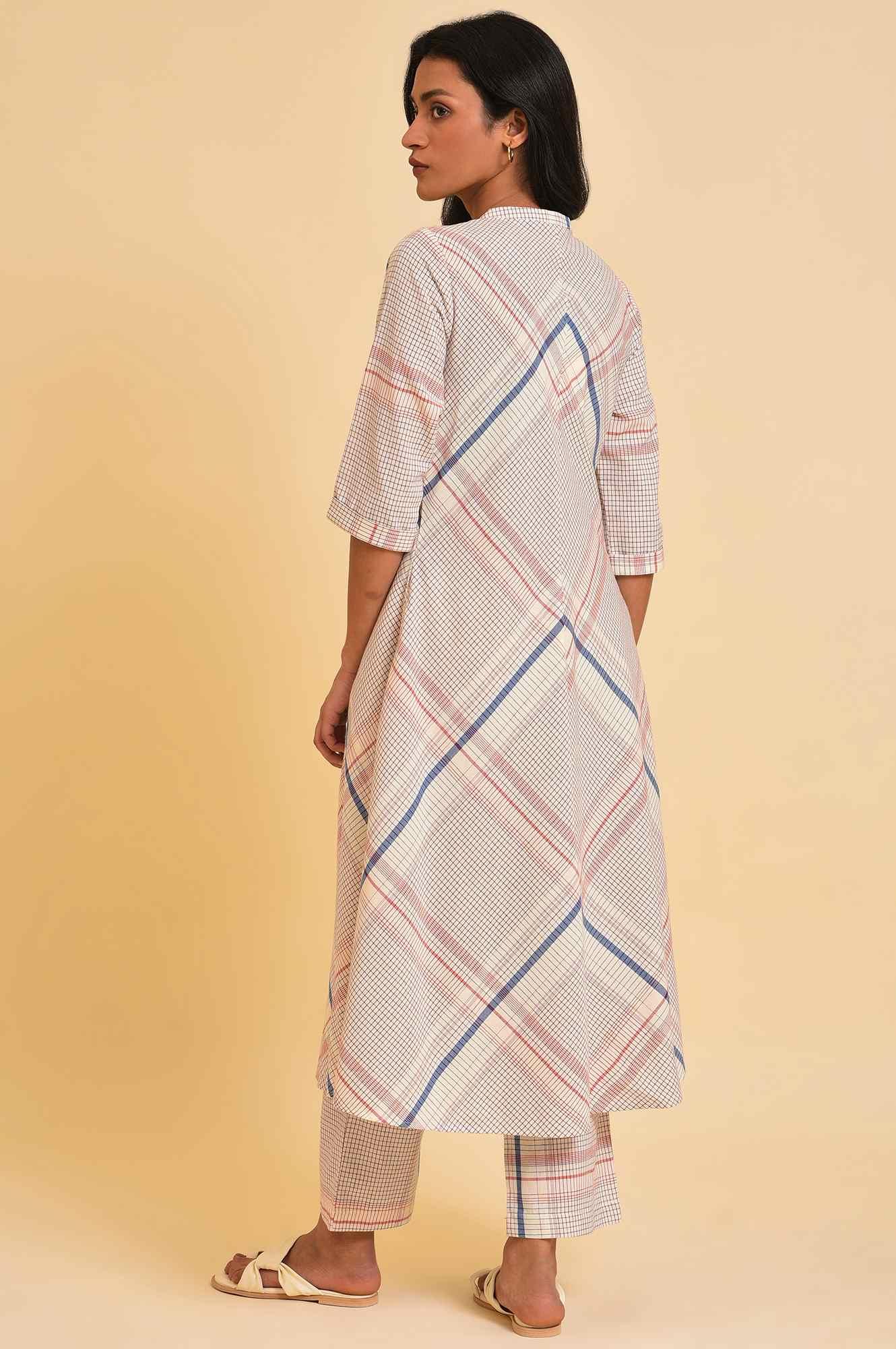 Ecru Bold Checks A-Line kurta & Pants Co-Ord Set - View 8