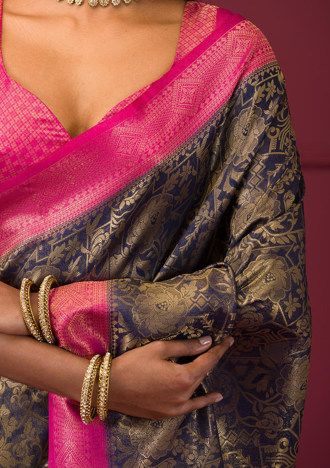 Navy Blue Zariwork Soft Silk Saree - View 2