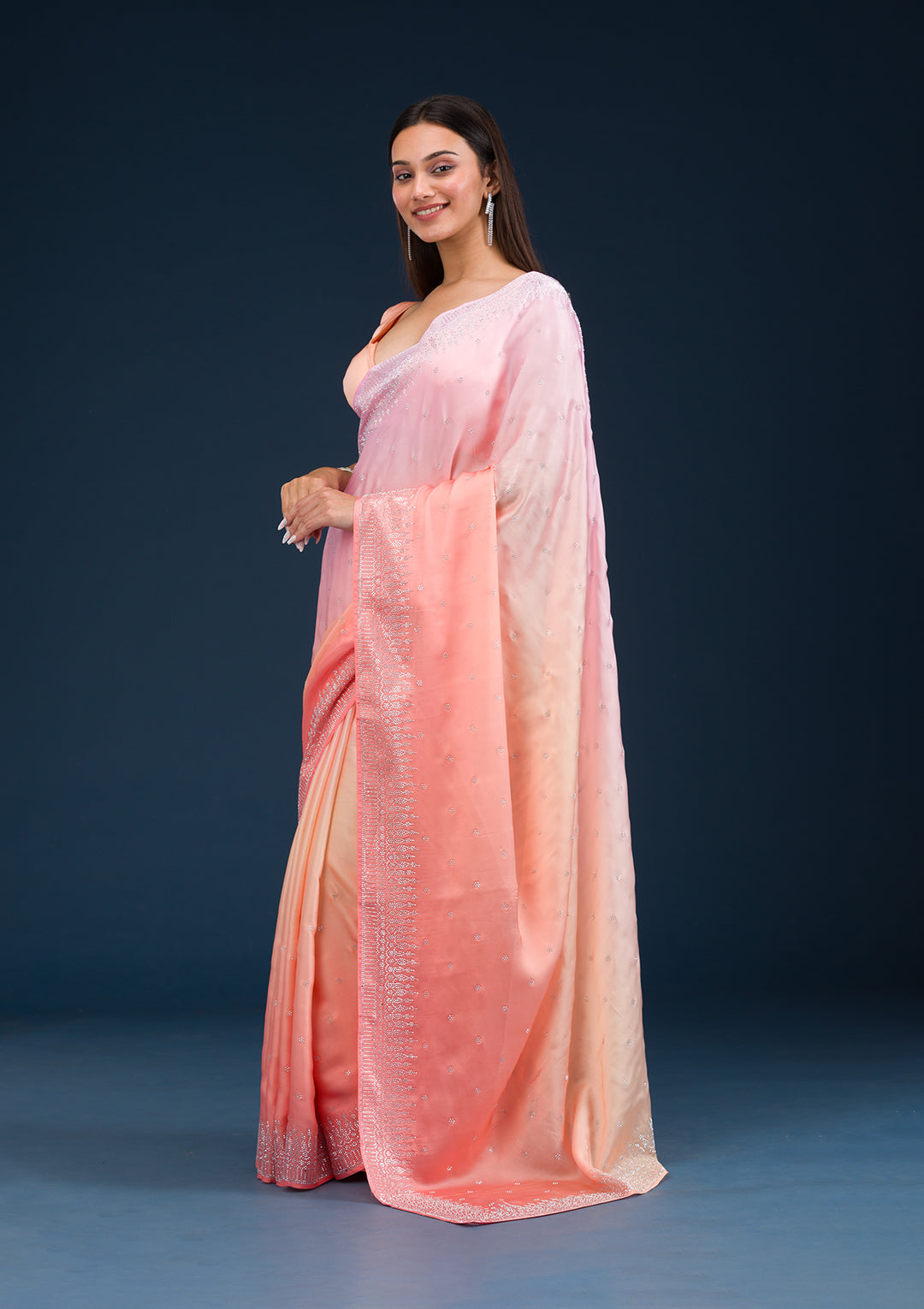 Light Orange Stonework Satin Saree - View 6