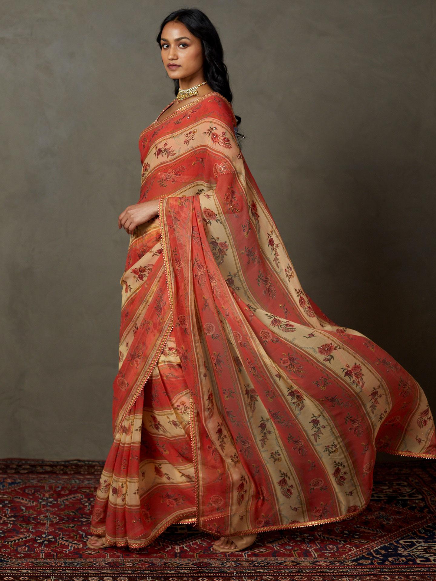 Peach & Multi Dahlia Saree With Unstitched Blouse - View 3