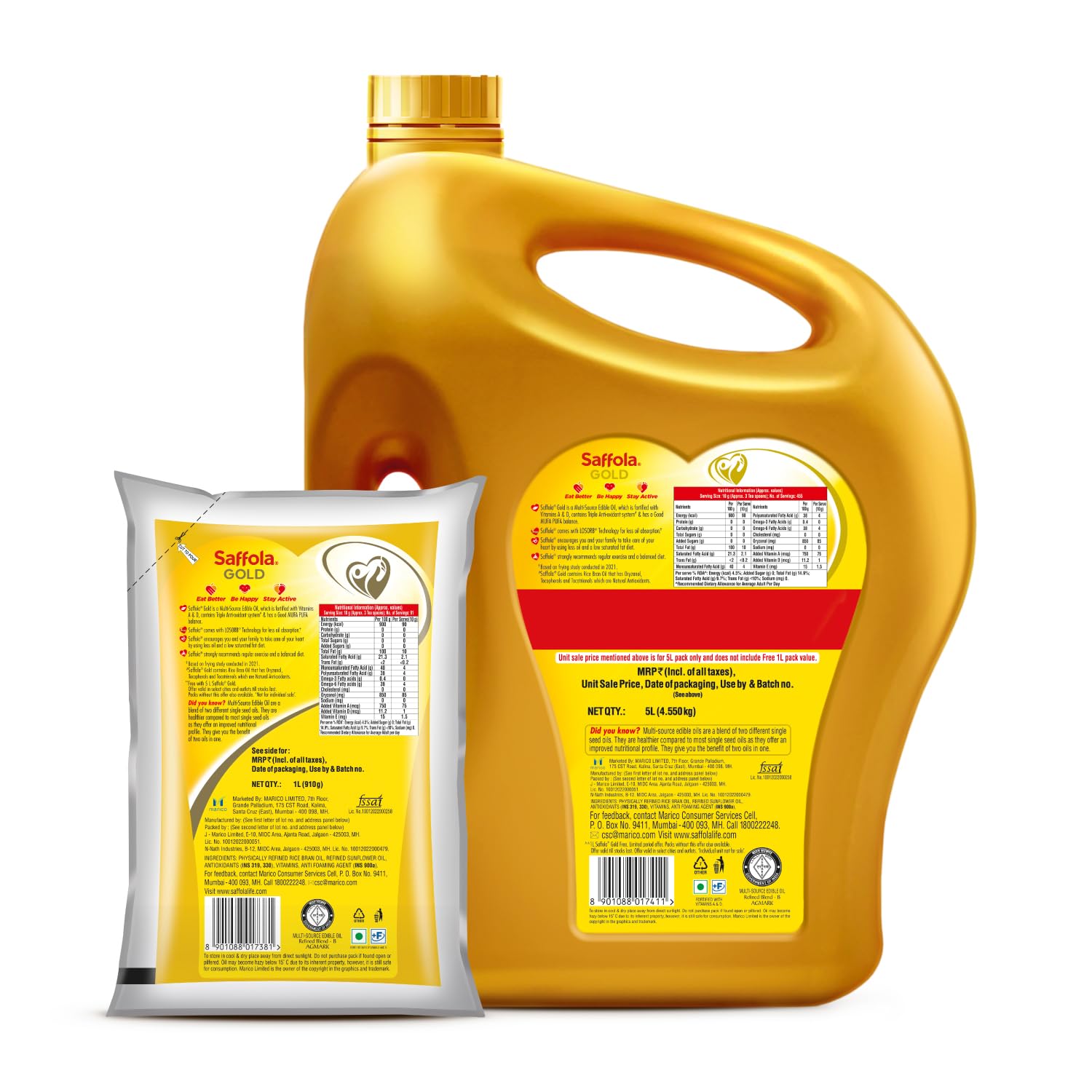 5 Litre Jar Free 1 Litre Pouch Saffola Gold Refined Cooking oil | Blended of Rice Bran & Sunflower oil - View 4