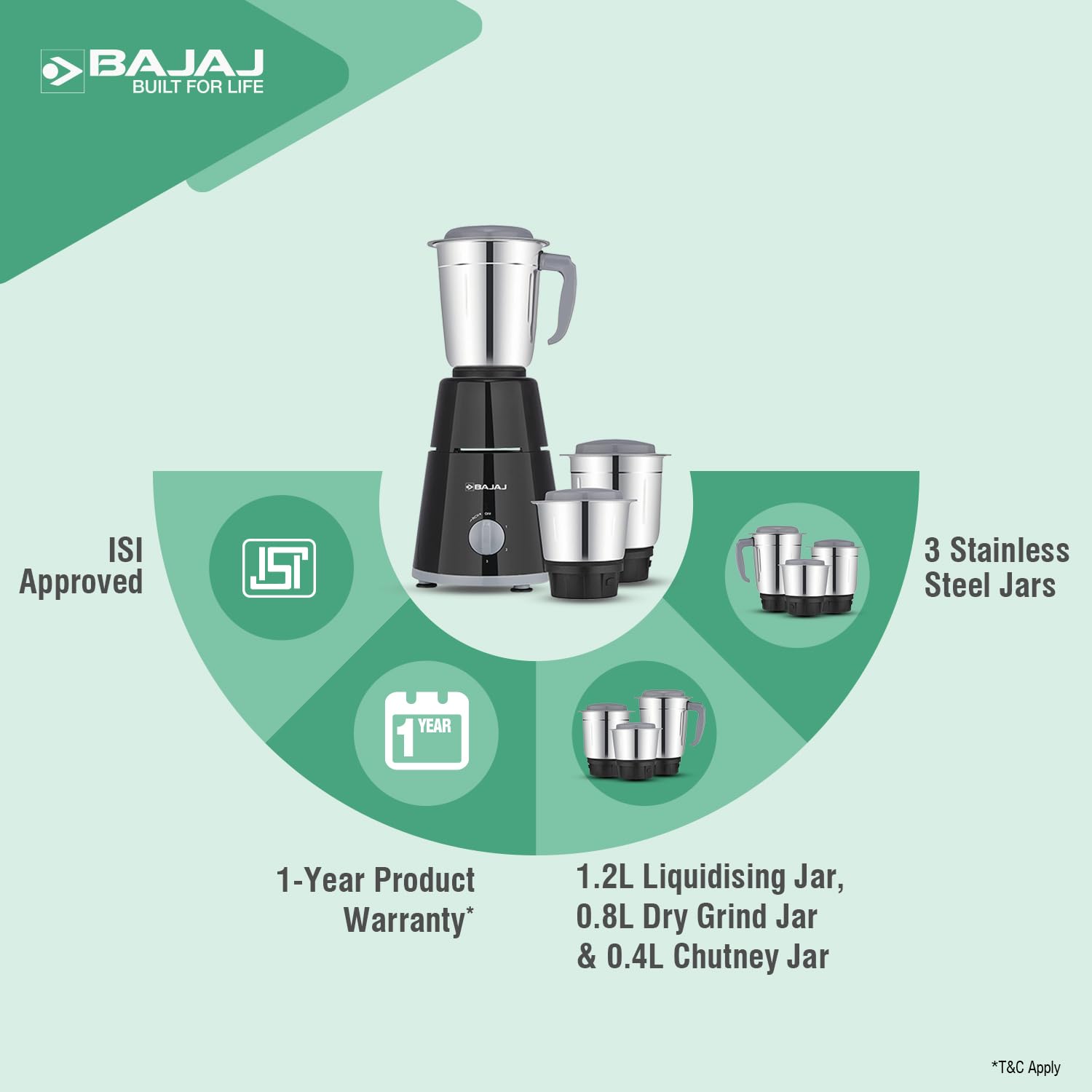 Bajaj GX-1 Mixer Grinder 500W|Superior Mixie For Kitchen|2-in-1 for Dry Grinding| Blade Function With Titan Motor|3 Stainless Steel Mixer Jars|1 Year... - View 2