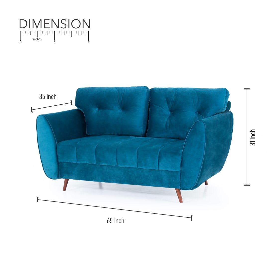 Peachtree Eden 2 Seater Sofa for Living Room| Sofa with 2 Cushions, 3 Year Warranty, Velvet Fabric Sofa with Mango Wooden Frame & Sheesham Wood Legs | Padded Armstyle (Teal Blue) - View 3