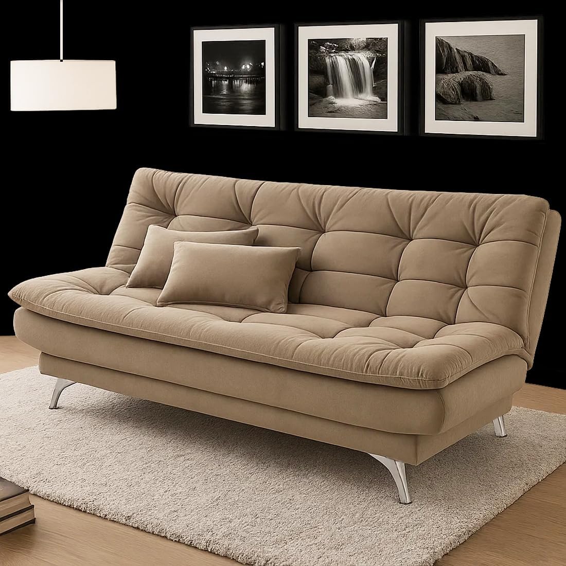 FURNY Eagel 3 Seater Fabric Sofa Cum Bed Set with 2 Cushions, Best Fit for Indian Homes, Living Rooms, Offices with 3 Year Warranty (Beige Color) - View 2