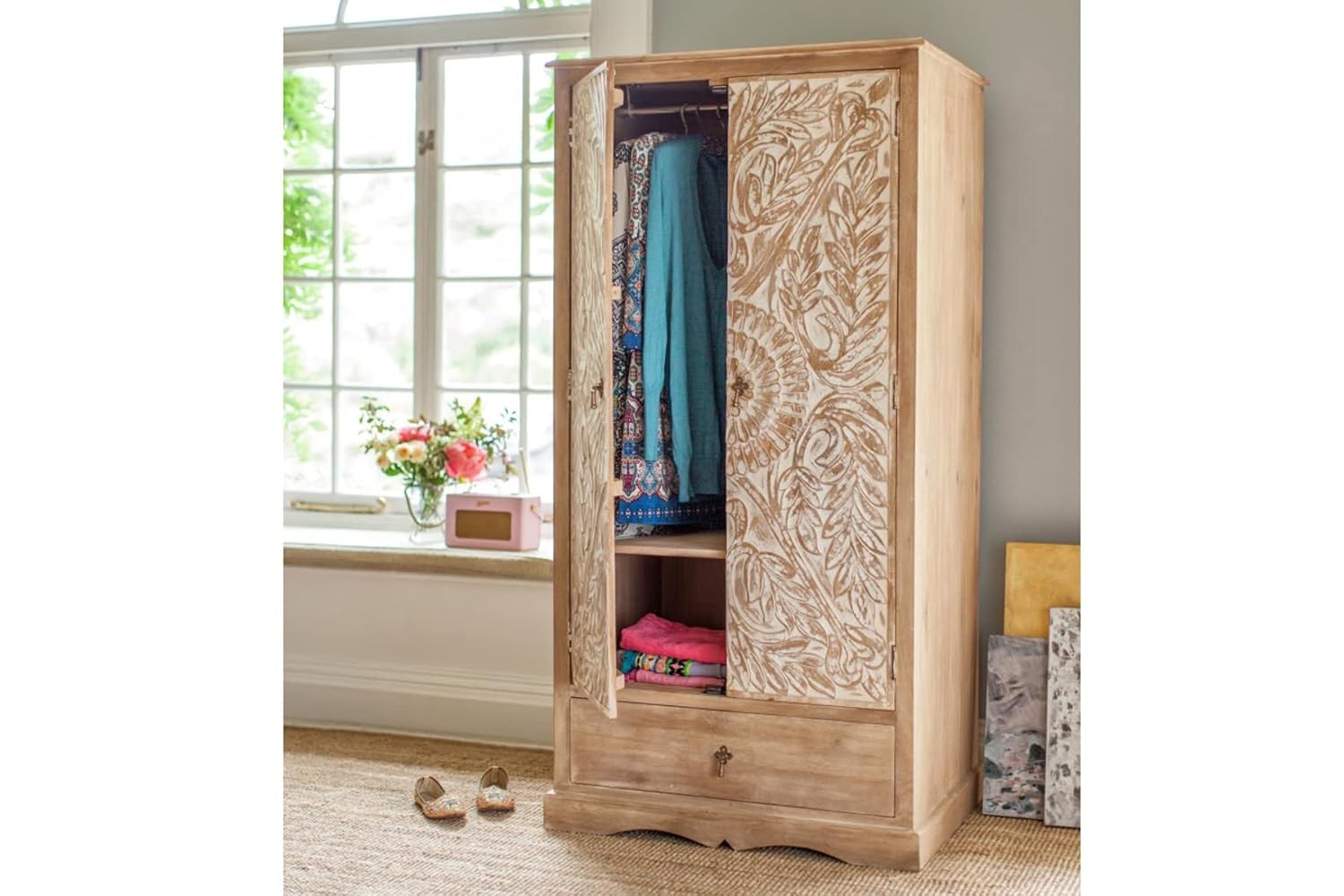 The Attic Jodhpur Carving Wardrobe|Solid Wood Multiple Utility Storage| Clothes Organizer|Wardrobe for Clothes Wooden, almirah for Clothes Wooden|Natural White Matte Finish - View 2