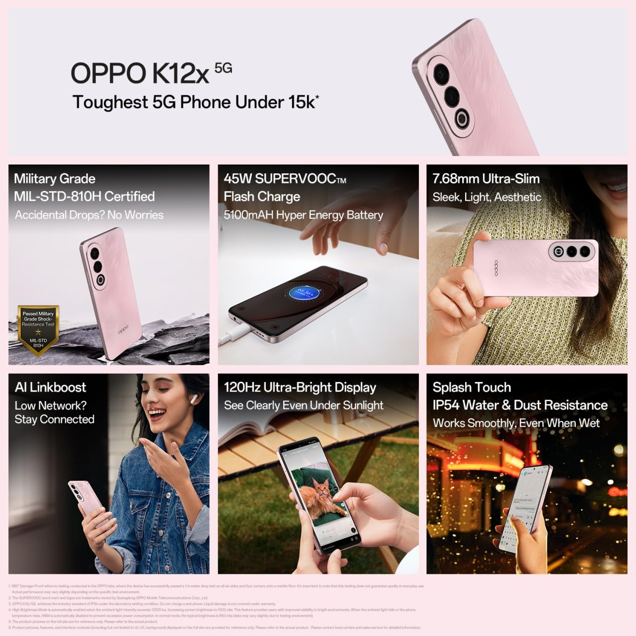 Oppo K12x 5G Smartphone (8GB RAM  256GB Storage) | 16.94cm LCD Display, 5100mAh Battery | 45W SUPERVOOC Flash Charge | 360? Damage-Proof Armour Body | Charger in The Box (Feather Pink) - View 6